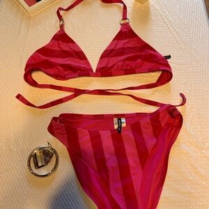 BCBG Bold Pink Striped Bikini